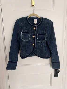 cinq a sept Girls Navy Tweed Jacket with Gold Buttons